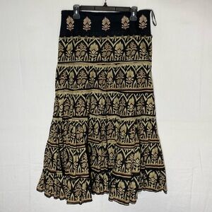 Vintage Majora Black Tan Tiered Floral Boho Midi Skirt M